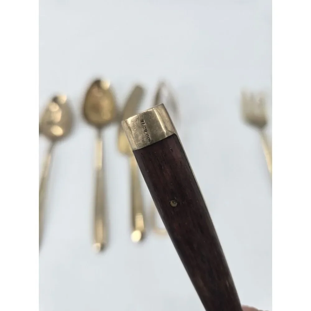 8 Pc Vintage  Piece Flatware Serving‎ Set THAILAND Bronze & Wood